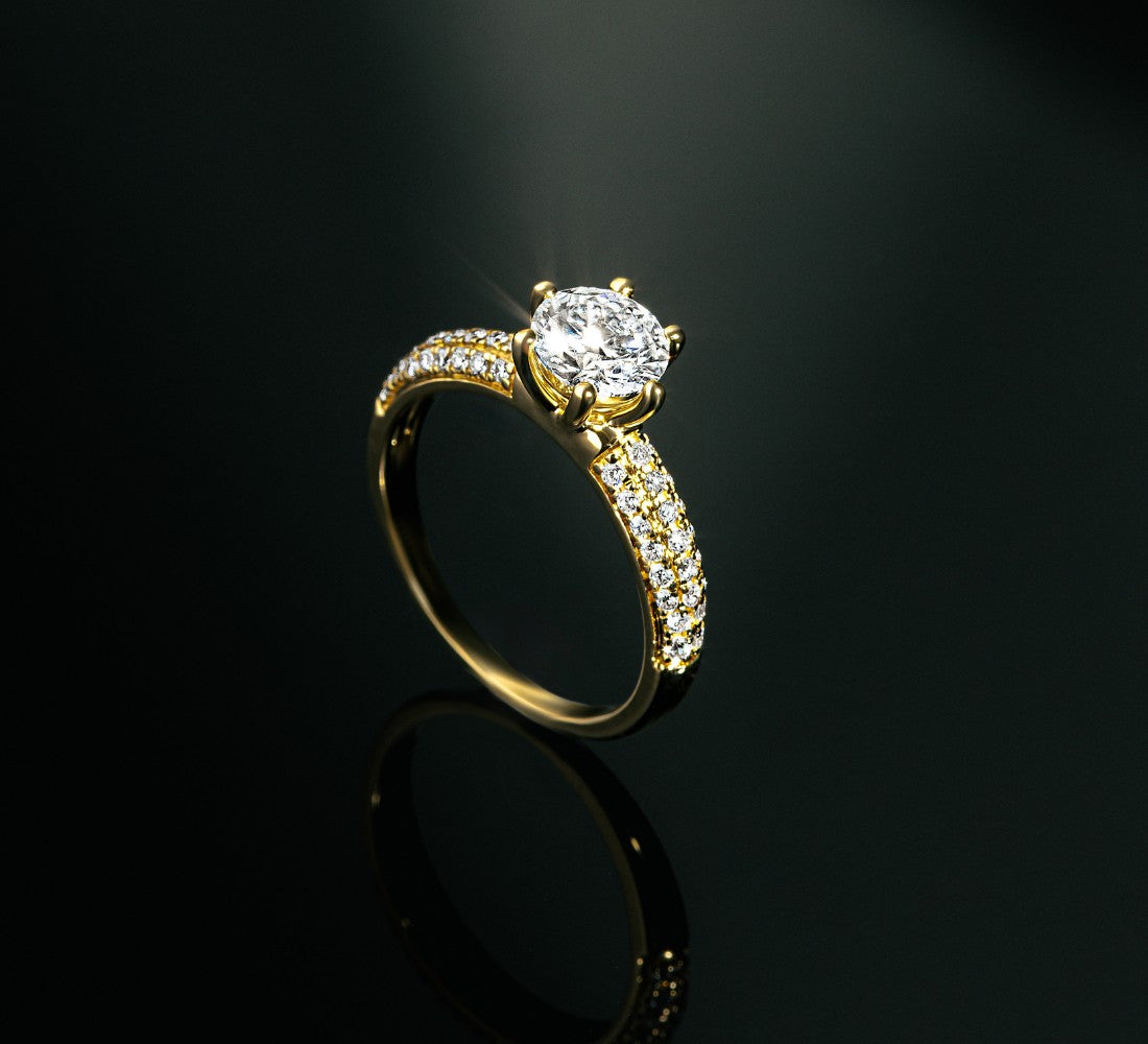 Pavé Ring AMALIA DS2064G Nahaufnahme vor dunklem spiegelnden Hintergrund.